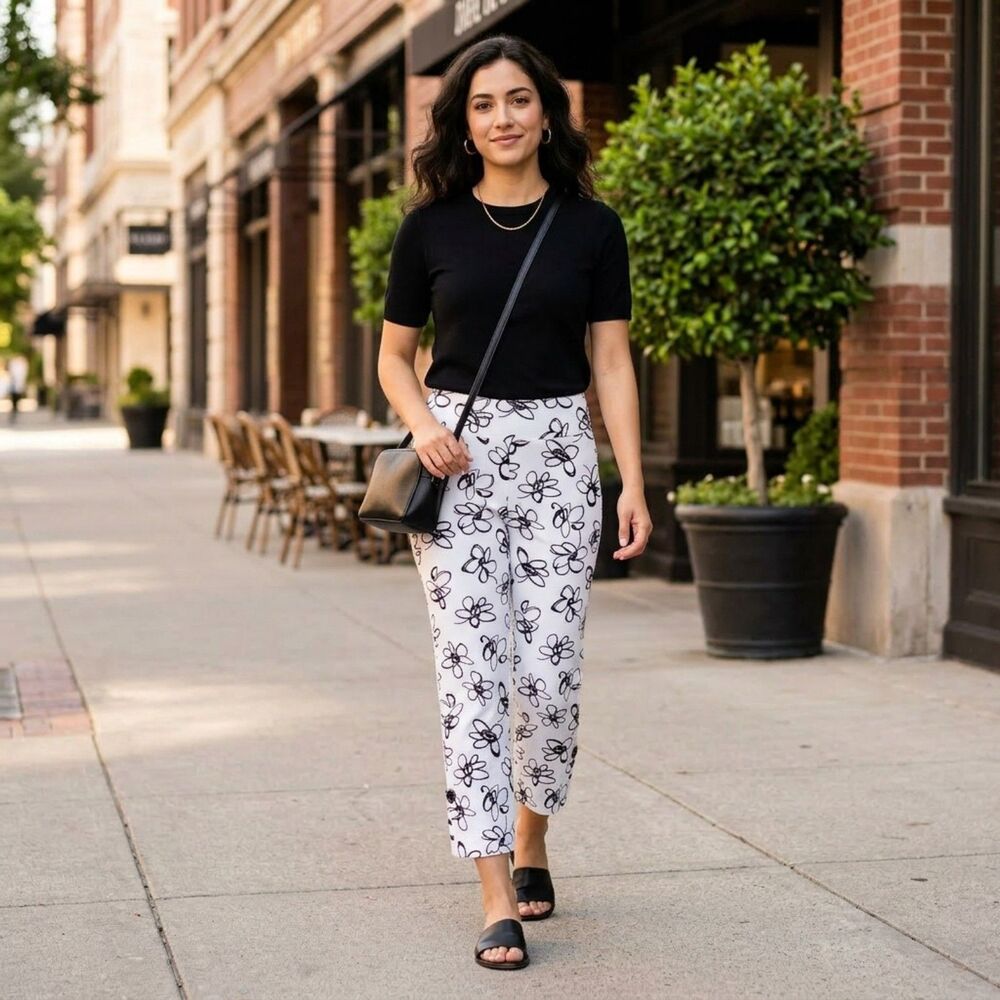 600 West Womens Pants Size 4 Floral Line Art Black White Sketch High Waisted